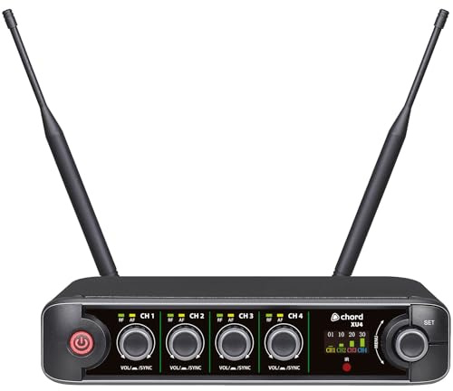 Chord XU-4 Wireless Microphone System – 4-Channel UHF Receiver with 4 Handheld Mics, True Diversity, UK Plug – For Events, Groups & Performers