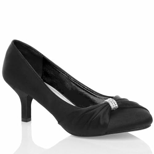 Women’s Satin Low Kitten Heel Court Shoes – Diamante Buckle Bridal Bridesmaid Prom Party Heels for Wedding-Black 7 UK
