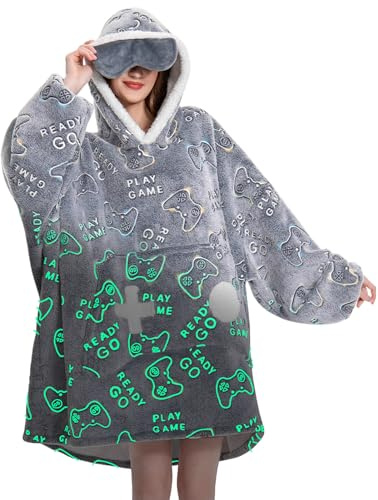 OLAOLA Oversized Blanket Hoodie, Glow in the Dark Wearable Blanket with Pockets, Perfect for Christmas & Birthday Celebrations - Adults, Game Controller | Luminous controller motif Extra warm Sherpa snuggle blanket with sleeves for adults. Great gift for all gamers.