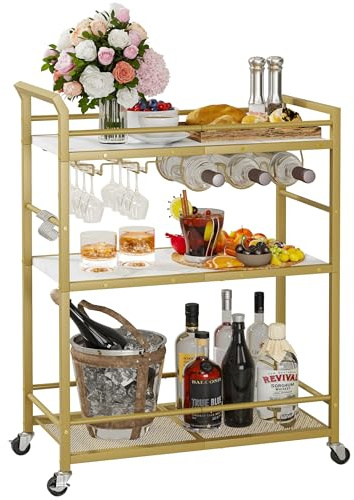 YAUKTAK 3 Tier Bar Cart, Small Beverage Cart, Mini Bar Cart with Wine Rack, Compact Mini Bar Cart - Please Refer to the Exact Dimensions for Usage Matching Dimensions: 22 W × 13 D × 35.8 H GBC507G