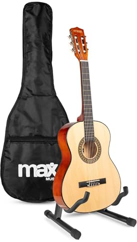 MAX SoloArt Junior 3/4 Guitarra Clásica para Niños - Set Completo con Funda Mochila, Soporte MAX GP20, Afinador Clip, Púas y Cuerdas de Nailon - Ideal para Principiantes de 8 a 12 Años