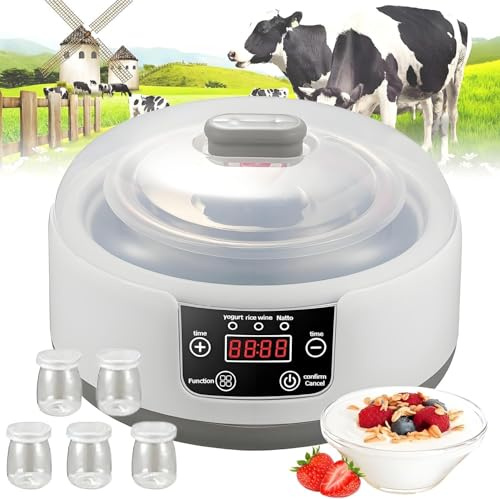Yogurtera automática de 1,2 l con 5 tarros de 100 ml, Pantalla LED, Control de Temperatura y Tiempo Ajustables (8-12 h), fácil de Limpiar.