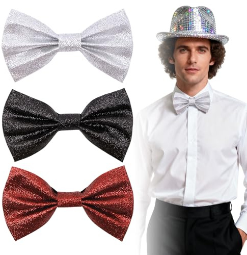 SAIIURV 3 Pezzi Papillon Paillettes per Uomo, Nero Argento Rosso Glitter Bow Tie Scintillante Regolabile da Discoteca per Addio al Addio al Nubilato, Costumi In Maschera, Feste A Tema(3 Colori)