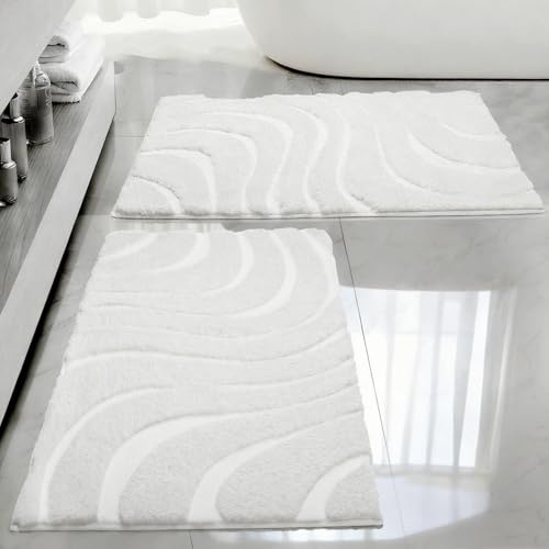 Glowturn Badteppich rutschfest 2 Stück 50x80 cm, Saugfähige Mikrofaser Badematte (850g), Weich & Waschbar, Schnelltrocknend, auch als Türvorleger Geeignet, Weiß