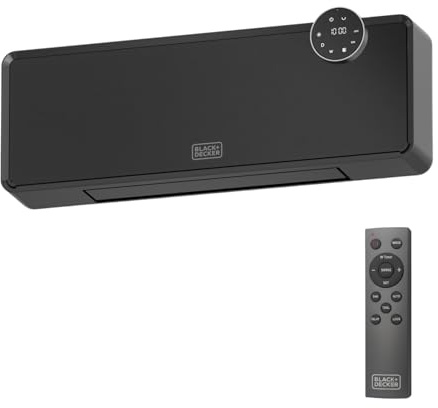 Black+Decker - Chauffage céramique mural 2000W | Thermostat réglable | Minuterie 24 h | Télécommande | Écran LED | PTC | Oscillation automatique | 20 m²