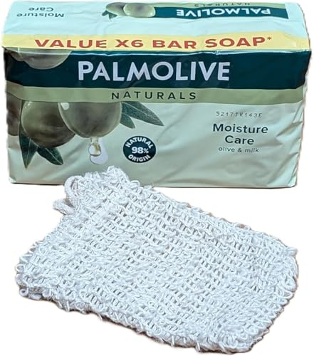 Palmolive Naturals Olive & Milk Soap Bar 6-Pack (90g Each) with 1 Natural Sisal Soap Saver Bag – Moisturising Bath & Shower Set
