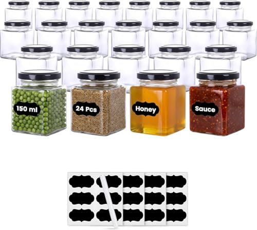 Amajoy 24 barattoli da 150 ml con coperchio, barattoli quadrati, barattoli per conserve, barattoli per marmellate, miele, barattoli contenitori in vetro