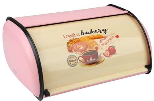 TOWEBOORY Metal Bread Bin with Roll Up Front Lid, 33×23.5×15cm Countertop Bread Box for Kitchen Bread Storage Container Holder for Toast Cookies Pastries Bagel Dry Food (Pink)