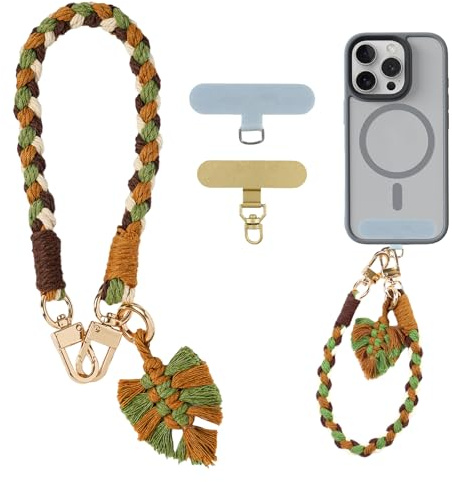DRADERCH Dragonne de Téléphone Courte Universelle, Chaîne de Poignet pour Portable, Cordon de Téléphone Tressé à la Main avec Feuille et Gland, Bracelet Anti-Perte pour Smartphone, Clés, Caméra, USB | Cordon tressé à la main avec lame et pompon, chaîne anti-perte pour smartphone, clés, USB, appareil photo, voyage