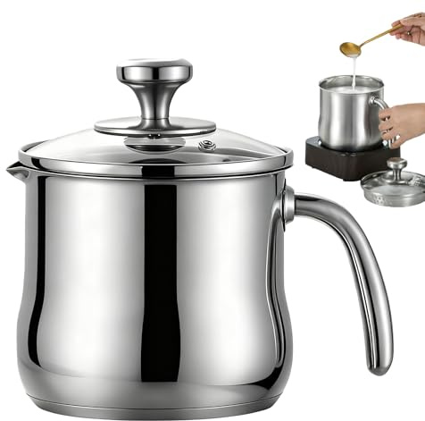 Milchtopf Induktion mit Glasdeckel 14 cm, Milchkochtopf, Simmertopf 2L, Doppelwandig Milchtopf Edelstahl Milchkochtopf mit Deckel, Schmelztopf Puddingtopf, Universaltopf für alle Herdarten