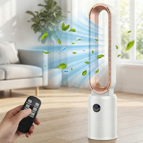 MoraRise Bladeless Tower Fan with Anion Air Purifier, 97cm Cooling Fan with Remote, 24 Speeds, 90° Oscillation, 12H Timer, Ultra-Quiet Floor Fan for Home Office Bedroom (White/Gold, 97cm)