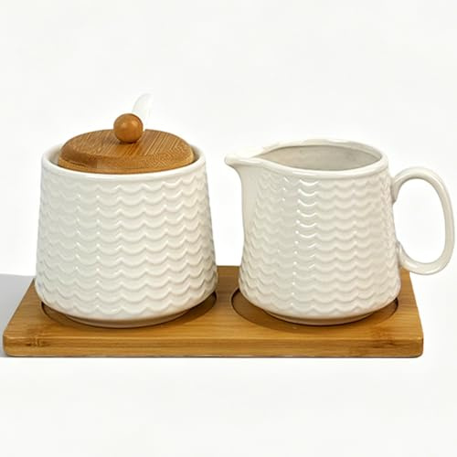 PORFOYO Juego de leche y azúcar con tapa y cuchara, jarra de leche de cerámica y azucarero con bandeja de madera, apto para lavavajillas y microondas, para capuchino y café