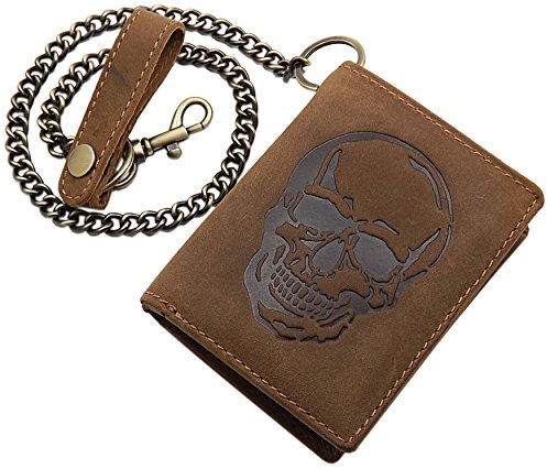 myledershop Echt Büffel-Vollleder Hochformat Bikerbörse/Geldbörse/Geldbeutel/Portemonnaie mit Metallkette mit RFID & NFC Schutz (Totenkopf-Motiv/Braun)