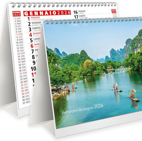 Calendario 2026 da Tavolo FOTOGRAFICO “PANORAMI DA SOGNO” con Feste Settimane Lune Santi e spazio per note - ECOLOGICO Certificato FSC® Mix Credit - CALENDARIO IN STILE OLANDESE - 19,5x16 cm