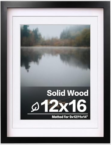 Egofine 12x16 Picture Frame Black, Covered by Plexiglass Made of Solid Wood, Display Pictures 9x12 and 11x14 with Mat or 12x16 Without Mat, for Wall Mounting Photo Frame