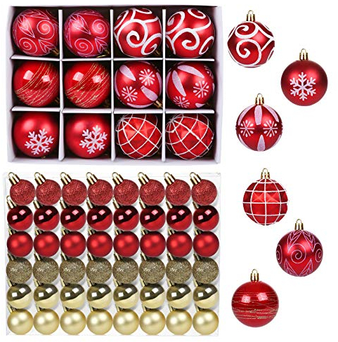 GWHOLE Bolas de Navidad de 60 Piezas Kit para Árbol de Navidad Decoraciones de Navidad Adornos Colgantes Rojo y Oro de 12 Formas Diferentes