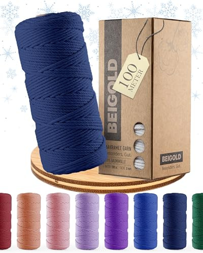 BEIGOLD® Premium Makramee Garn 3mm x 100m, Dunkel Blau | Baumwollmischgarn, Rope Garn, Für Macrame Knüpfen, Kunst DIY Handwerk