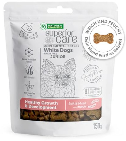 Nature's Protection Superior Care White Dogs Getreidefrei Gesundes Wachstum & Entwicklung Leckerlis mit Insekten für Junior Hunde Aller Rassen, Tränenflecken Reduktion, 150g