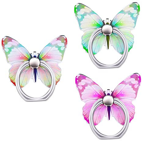 Cobee Lot de 3 Anneaux de Support pour téléphone Portable avec Motif Papillon Mignon en métal Peint Rotation à 360°Anneau de Support pour téléphone Portable avec Boucle de Bouton (Rose,Jaune,Vert)
