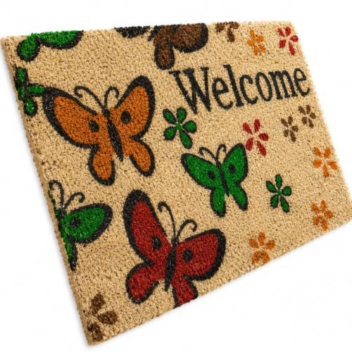 Entrando Fussmatte aus Kokos 40x60 cm - 20 Stillvolle Motiven - für außen, robust, rutschfest - ideal für überdachte Haustür (Schmetterling)