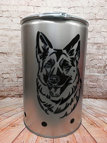 Fuchsbau Feuertonnen Feuertonne mit - Schäferhund - Motiv - Gefertigt aus neuem Ölfass - Besondere Feuerstelle für Garten und Terrasse - Hohe Feuerschale mit Rostoptik - 90 x 60 cm