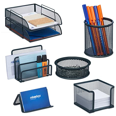 Relaxdays Set da Scrivania, 7 Accessori da Ufficio, Acciaio, Porta Lettere, Documenti, Bloc-Notes, Portapenne, Antracite