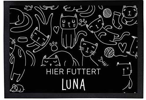 Napfunterlage Katze personalisiert | Hier futtert 40 x 60 cm | Hochwertige Filzoberfläche, rutschfeste Gummi-Unterseite, 1,5 mm dünn, strapazierfähig, leicht zu reinigen, mit Katzenname