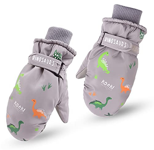 XIAOHAWANG Kids Ski Gloves Baby Boys Winter Dinosaur Glove Toddler Girls Waterproof Mittens 2-8 Years (S, Gray Dinosaur)