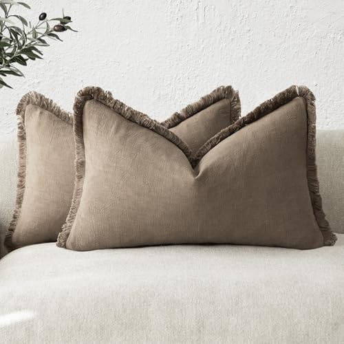 Foindtower Set of 2 Decorative Linen Fringe Lumbar Throw Pillow Covers Boho Farmhouse Cushion Cover with Tassels Soft Accent Pillowcase for Couch Sofa Bed Living Room Home Decor,12×20 Inch,Light Brown
