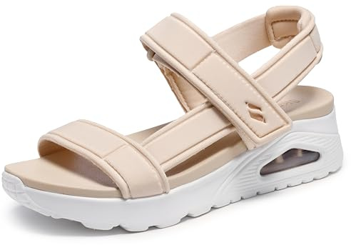 Skechers Women's UNO - SUMMER STAND2 T-strap sandal with Skech-Air, Natural, 6 M