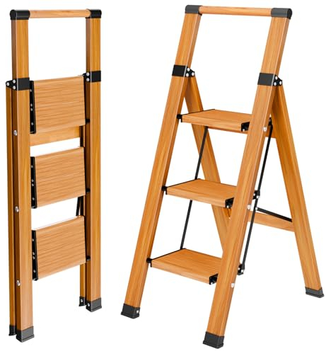 KULACO Scala a pioli con corrimano, antiscivolo a 3 livelli, pieghevole, in alluminio, fino a 150 kg, portatile, effetto legno, scala domestica con pedale largo antiscivolo
