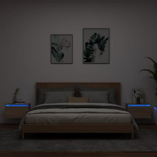 THOYTOUI Wand-Nachttische mit LED-Leuchten 2 STK. Nachtschränkchen Telefontisch Konsolentisch Unterschrank Geeignet für Schlafzimmer Hotel Wohnung Büro Sonoma-Eiche