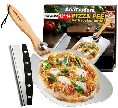 AriaTraders Aluminum Metal Pizza Peel (12 X 14), Pizza Spatula with 14’’ Rocker Cutter, Pizza Paddle with Foldable Wooden Handle for Easy Storage, Pizza Spatula Paddle for Indoor & Outdoor Ovens