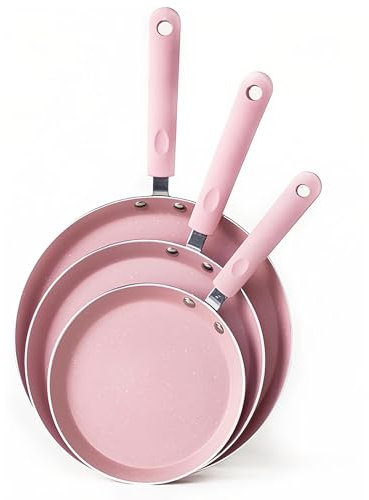 Maxspace Set di 3 padelle a induzione, 18,22 e 26 cm, con manico resistente al calore, padella rivestita rosa per tutti i piani cottura (rosa)