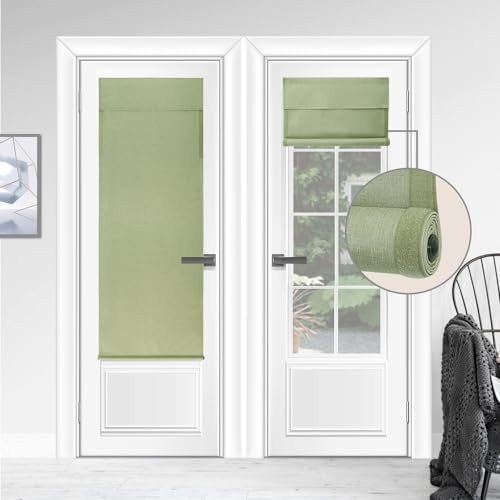WDFour 100%Blackout French Door Curtains, Triple Layers 100% Light Blocking & UV Protect, Noiseless Adjustable Roller Shade, No Drill Window Blinds for Office, Ward, Home (26Wx70L,Matcha,Pack of 1) | 26x70”, Matcha,Side hook & loop for partial shading; blackout fabric, drill-free mount, full privacy.