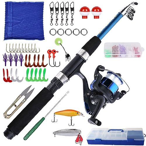 Asfrode Angelset für Kinder, Kinderangel Starter Set mit Angelrolle und Köder, Kohlefaser Teleskop Angelrute 1.5m und Angelschnurrolle, Angel Zubehör für Kinder von 3-10 Jahren