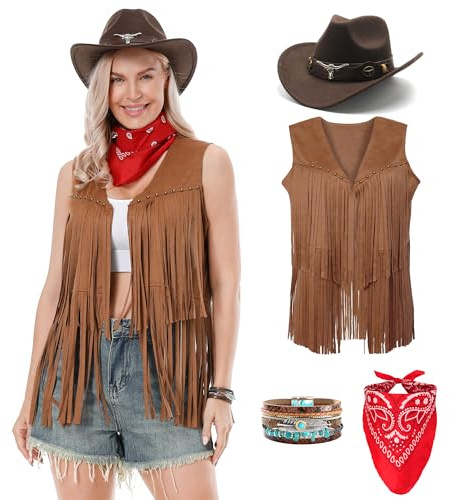 Dzorim Cowgirl Kostüm Damen Western Cowgirl Costume Hut Cowboy Outfits Damen Mädchen mit Hat Scarf Wristband für Karneval