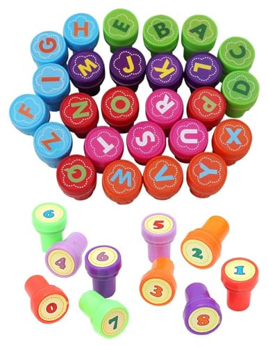 EHDWXVZM 26 Stück Buchstabenstempel Und 10 Stück Zahlenstempel, Kreative Cartoon-Stempel, Kinderspielzeugstempel, Kinderpartygeschenke, Kinderschulbedarf