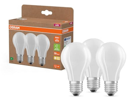 Osram Hocheffiziente LED Lampen mit Energieeffizienz Klasse A, Vorteilspack mit 3 Leuchtmittel, ersetzt herkömmliche 60W Glühbirnen, Birnenform, warmweiß(2700K), E27, mattes Glas