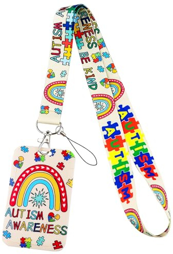 Siliget Autism Lanyard with Card Holder, Hidden Disability ID Card Holders, Autism Awareness Rainbow Lanyard for Kids Teens Adults