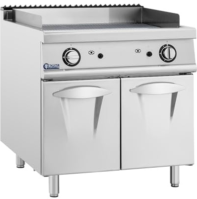 Royal Catering Gas-Grillplatte mit Unterschrank 12 kW geriffelt Propangas/LPG/Erdgas 50-300 °C Edelstahl Chromstahl Flammensperre Dunstabzug Zündflamme Pulszündung Gastro-Gasgriller Bratplatte