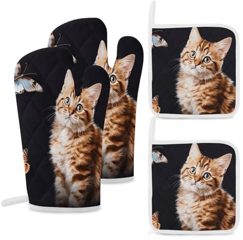 Oven Glove Cat Butterfly Oven Mitts and Pot Holders Sets of 4 Heat Resistant Gloves BBQ Glove Non-Slip Cooking Gloves for Baking Grilling Kitchen Potholders Gloves