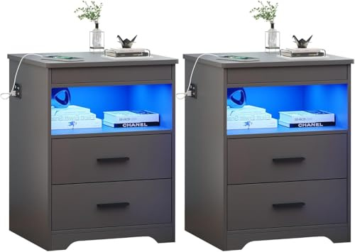 FREDEES Intelligenter LED-Nachtisch mit Verstecktem Schublade, Nachttisch mit Ladestation und 3 Farben Menschensensorlichter, Moderner Nachttisch mit Stauraum (2, 9602 Grau, 40 x 45 x 60 cm)