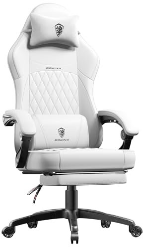 Dowinx Gaming Stuhl Racing Gamer Stuhl, Ergonomischer Gaming Sessel mit Lendenwirbelstütze, Gaming Chair PU Leder 150KG, Weiß