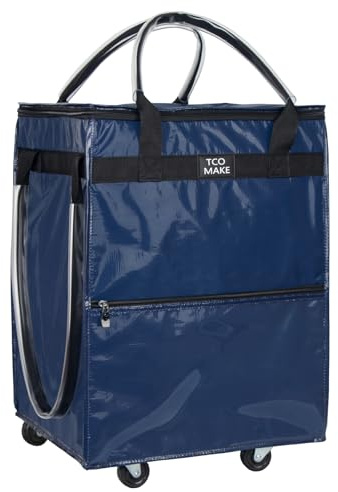 TCOMAKE Reusable Grocery Bag on Wheels, (Medium, DK Blue) Rolling Shopping Bags with Wheels and Handle, Folding Rolling Tote Trolley, 3 Pockets and Zipper Cover, Carries Up to 46 LBS