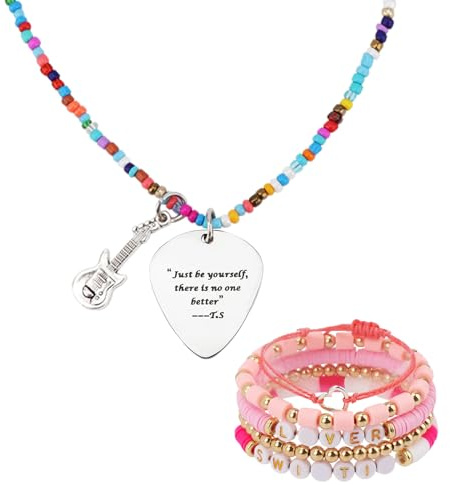 FIDWALL Music Lover's Exclusive Set,Quotes Guitar Pick Necklace and Pink Friendship Bracelet,Suitable for Giving to Women,Wives,Daughters,Granddaughters,Besties,and Sisters