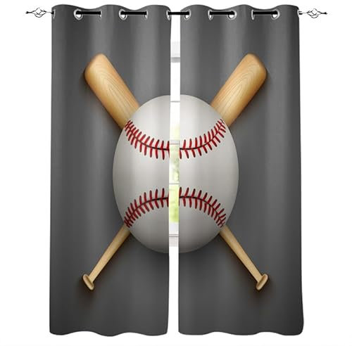 Rptidmv Vorhänge mit Ösen 2er Set Baseball Modern Blickdichte Vorhang Thermovorhang Kälteschutz Verdunklungsvorhänge für Wohnzimmer Schlafzimmer Kinderzimmer 140 x 175 cm (BxH)