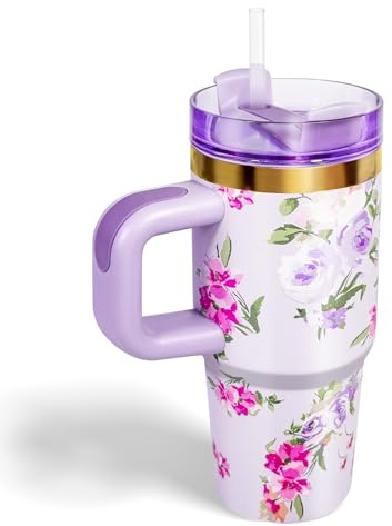 Bestaa 14oz Tumbler mit Griff und Stroh, Thermobecher mit Strohhalm Tumbler mit Deckel und Stroh, 304 Edelstahl, Schule Sport im Freien (Lila Blüten)