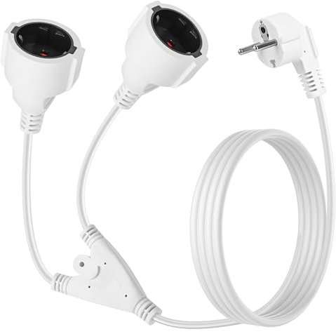 Weinsamkeit 1,5m Verlängerungskabel Doppelstecker, 16 A / 250 V/Max 3680W, Mehrfachsteckdose 2 Fach, Deutsch Konverter Buchse EU Stecker, Steckdosenadapter für Haus, Büro, Weiß