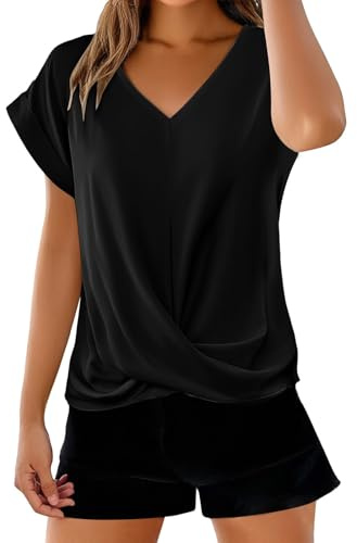 Cocila T Shirts con Scollo A V Tinta Unita Elegante Tops Maniche Corte per Abbigliamento Femminile Primaverile Ed Estivo Camicia Pizzo Elegante Camicia Donna Firmata Donna Blu Scuro Viscosa Blusa